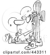 Royalty Free RF Clip Art Illustration Of A Cartoon Black And White Outline Design Of A Man Stranded In The Desert