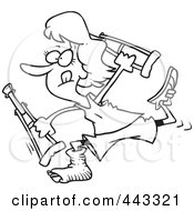 Royalty Free RF Clip Art Illustration Of A Cartoon Black And White Outline Design Of A Determined Woman Running With Crutches