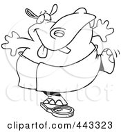 Poster, Art Print Of Cartoon Black And White Outline Design Of A Hippo Trying To Deceive A Scale