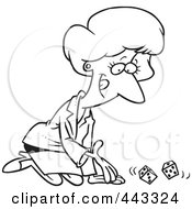 Poster, Art Print Of Cartoon Black And White Outline Design Of A Businesswoman Kneeling And Rolling Dice