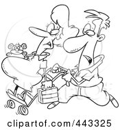 Royalty Free RF Clip Art Illustration Of A Cartoon Black And White Outline Design Of A Man Pushing His Pregnant Wife On A Dolly by toonaday