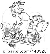 Poster, Art Print Of Cartoon Black And White Outline Design Of An Exhausted Man Working On A Computer