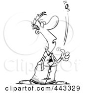 Poster, Art Print Of Cartoon Black And White Outline Design Of A Businessman Flipping A Coin