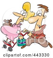 Poster, Art Print Of Cartoon Man Pushing His Pregnant Wife On A Dolly