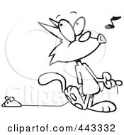 Cartoon Black And White Outline Design Of A Cat Whistling And Pulling A Mouse Toy