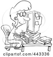 Poster, Art Print Of Cartoon Black And White Outline Design Of A Businesswoman Working On A Computer