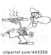 Poster, Art Print Of Cartoon Black And White Outline Design Of A Pizza Delivery Man Running