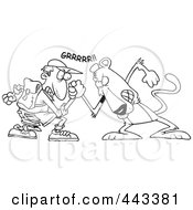 Cartoon Black And White Outline Design Of A Man Wrestling With A Cougar