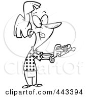 Poster, Art Print Of Cartoon Black And White Outline Design Of A Woman Using A Digital Camera