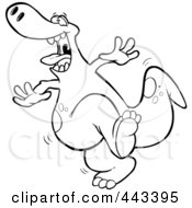 Poster, Art Print Of Cartoon Black And White Outline Design Of A Dancing Dinosaur