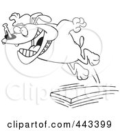 Poster, Art Print Of Cartoon Black And White Outline Design Of A Bulldog Jumping Off Of A Diving Board