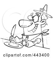 Poster, Art Print Of Cartoon Black And White Outline Design Of A Hungry Pilgrim Awaiting His Dinner
