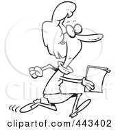 Poster, Art Print Of Cartoon Black And White Outline Design Of A Businesswoman Running With Documents