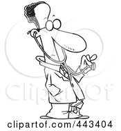 Poster, Art Print Of Cartoon Black And White Outline Design Of A Black Male Doctor Holding Out A Stethoscope