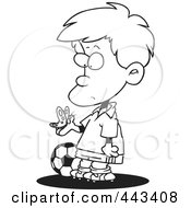 Poster, Art Print Of Cartoon Black And White Outline Design Of A Distracted Soccer Boy Admiring A Butterfly