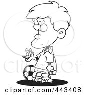 Royalty Free RF Clip Art Illustration Of A Cartoon Black And White Outline Design Of A Distracted Soccer Boy Admiring A Butterfly