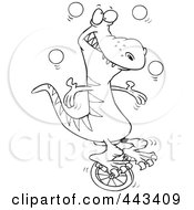 Poster, Art Print Of Cartoon Black And White Outline Design Of A Dinosaur Juggling On A Unicycle