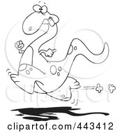 Royalty Free RF Clip Art Illustration Of A Cartoon Black And White Outline Design Of A Running Dinosaur