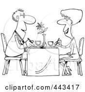 Poster, Art Print Of Cartoon Black And White Outline Design Of A Couple Dining At A Restaurant