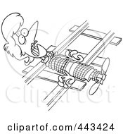 Cartoon Black And White Outline Design Of A Damsel In Distressed Tied To Railroad Tracks