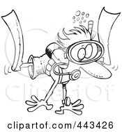 Royalty Free RF Clip Art Illustration Of A Cartoon Black And White Outline Design Of A Scared Diver by toonaday