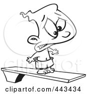 Cartoon Black And White Outline Design Of A Scared Boy On A Diving Board