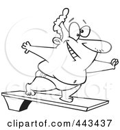 Cartoon Black And White Outline Design Of A Chubby Man On A Diving Board
