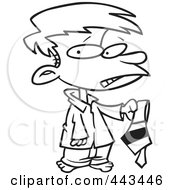 Royalty Free RF Clip Art Illustration Of A Cartoon Black And White Outline Design Of A Disappointed Boy Holding A Tie