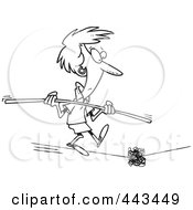 Royalty Free RF Clip Art Illustration Of A Cartoon Black And White Outline Design Of A Woman Coming Across A Dilemma On A Tight Rope by toonaday