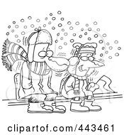 Poster, Art Print Of Cartoon Black And White Outline Design Of Diehard Fans Sitting In The Snow
