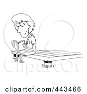 Cartoon Black And White Outline Design Of A Woman Reading A Book On A Dock
