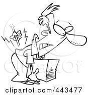 Royalty Free RF Clip Art Illustration Of A Cartoon Black And White Outline Design Of A Man Hurting His Back While Picking Up A Box by toonaday