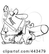 Royalty Free RF Clip Art Illustration Of A Cartoon Black And White Outline Design Of A Man Patting His Dog