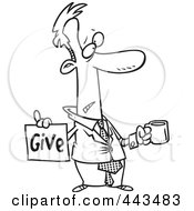 Royalty Free RF Clip Art Illustration Of A Cartoon Black And White Outline Design Of A Broke Businessman Holding A Cup And Give Sign
