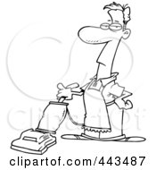 Poster, Art Print Of Cartoon Black And White Outline Design Of A Man Vacuuming