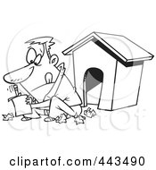 Poster, Art Print Of Cartoon Black And White Outline Design Of A Man Writing A Letter By A Dog House