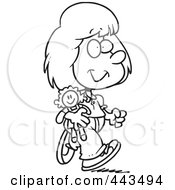 Poster, Art Print Of Cartoon Black And White Outline Design Of A Girl Walking With Her Doll