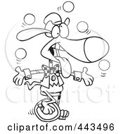 Royalty Free RF Clip Art Illustration Of A Cartoon Black And White Outline Design Of A Dog Juggling And Unicycling