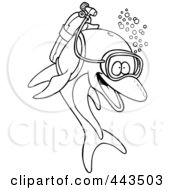 Poster, Art Print Of Cartoon Black And White Outline Design Of A Scuba Dolphin