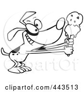 Poster, Art Print Of Cartoon Black And White Outline Design Of A Dog Holding Out An Ice Cream Cone