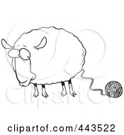 Poster, Art Print Of Cartoon Black And White Outline Design Of A Sheep Connected To Yarn