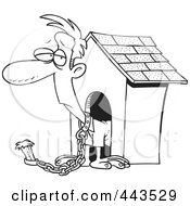 Cartoon Black And White Outline Design Of A Man Chained By A Dog House