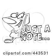 Royalty Free RF Clip Art Illustration Of A Cartoon Black And White Outline Design Of A Dog Leaning Against Just A Note Text