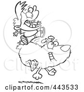 Poster, Art Print Of Cartoon Black And White Outline Design Of A Boy Riding A Dog