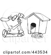 Royalty Free RF Clip Art Illustration Of A Cartoon Black And White Outline Design Of A Man Sitting By A Dog House by toonaday