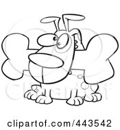 Royalty Free RF Clip Art Illustration Of A Cartoon Black And White Outline Design Of A Dog With A Bone