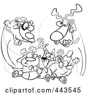 Poster, Art Print Of Cartoon Black And White Outline Design Of Dogs Jumping In A Pile