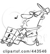 Royalty Free RF Clip Art Illustration Of A Cartoon Black And White Outline Design Of A Man Whistling And Pushing A Dolly