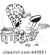 Royalty Free RF Clip Art Illustration Of A Cartoon Black And White Outline Design Of A Dog Munching On Bones And Watching Tv by toonaday