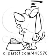 Cartoon Black And White Outline Design Of A Confused Dog Staring At An Egg In His Dish